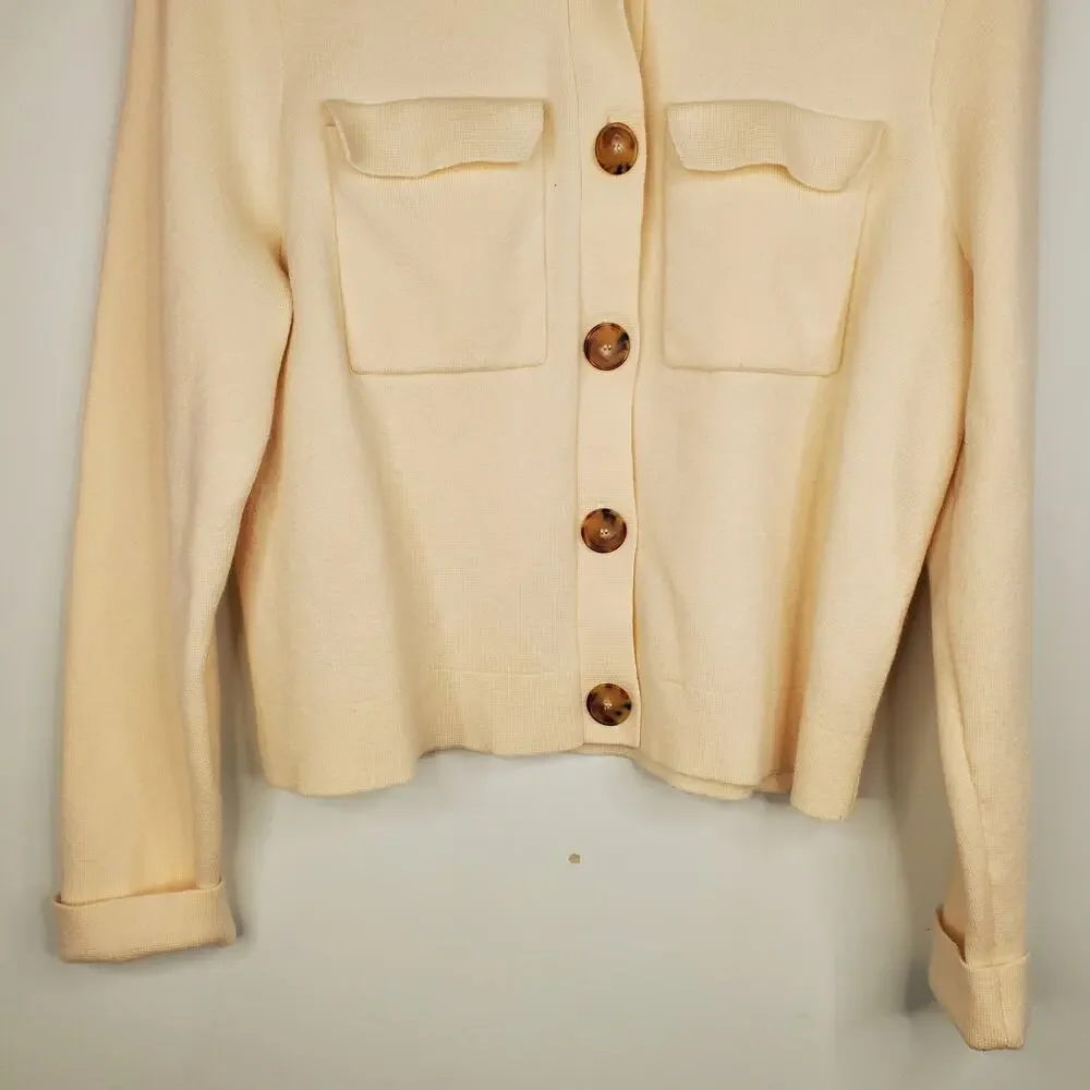 Sezane Betty Merino Wool Cropped Cardigan Ecru Cream Knit Pockets Size Large - Picture 7 of 11